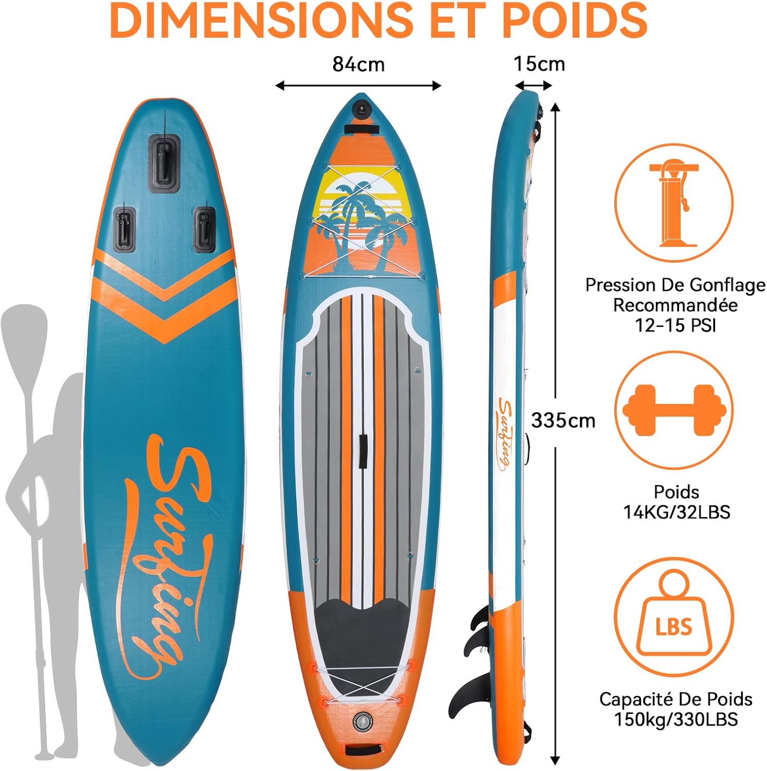 bleujardin - Paddle gonflable adulte - 320/335cm - 2 personnes, siège kayak, pagaie alu, caméra, pompe, 150kg