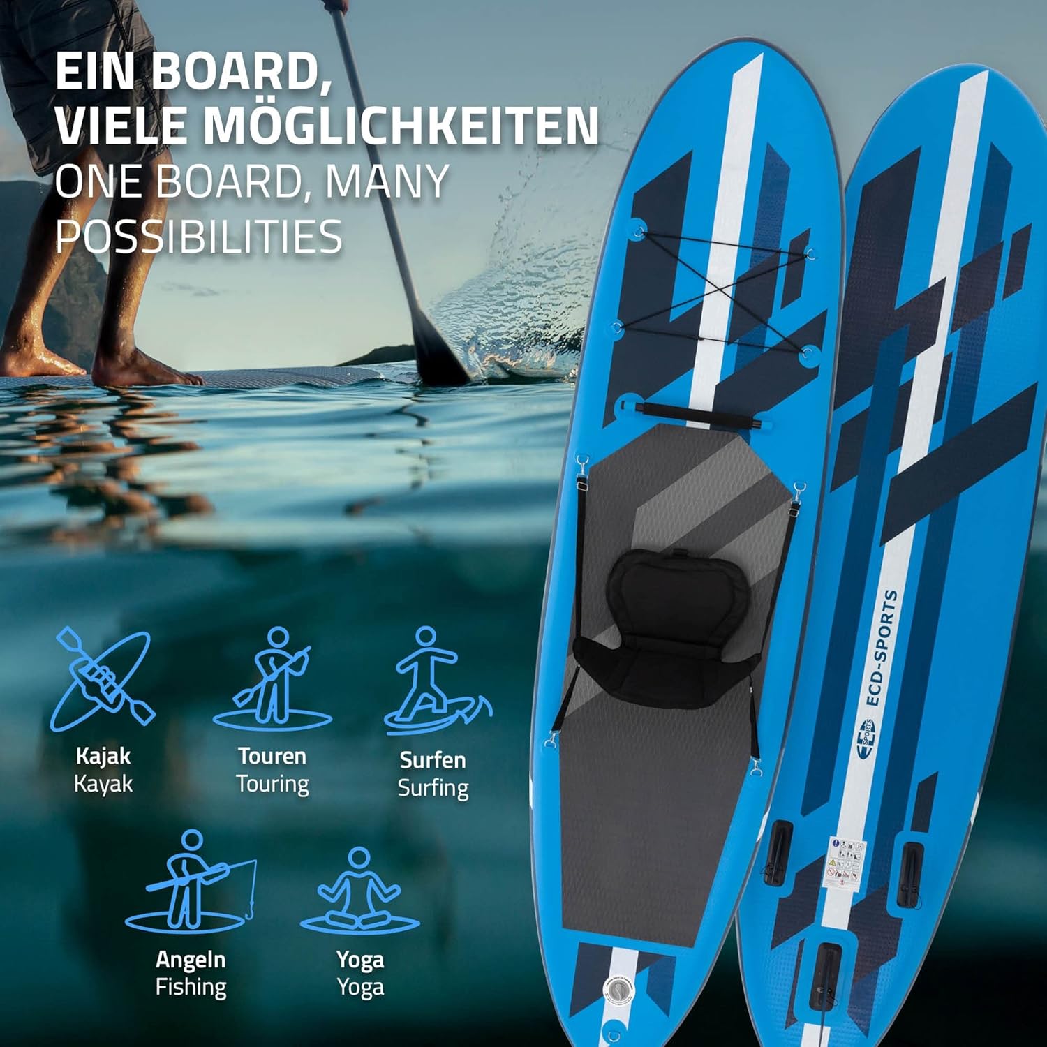 bleujardin Stand Up Surf Paddle Board Gonflable 305/308/320/380 cm | PVC | jusqu'à 120/150 kg | Épaisseur 10/15 cm | Planche de Surf Pagaie Sac de Transport Pompe à Air | Diverses Couleurs Modèles