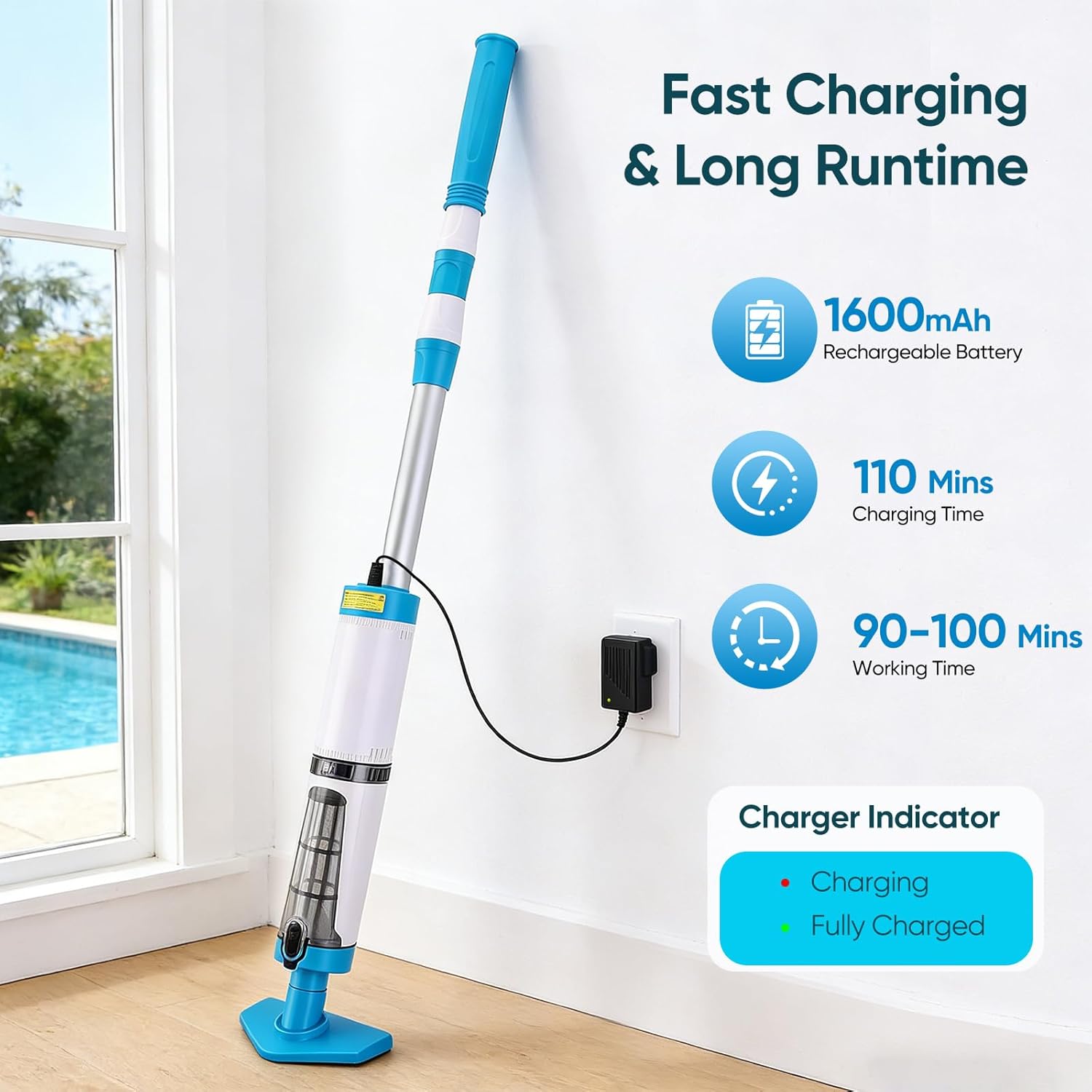 Aspirateur piscine 3 en 1, télescopique 103,5-162,5 cm, rechargeable, puissant, 3 brosses, capteur automatique