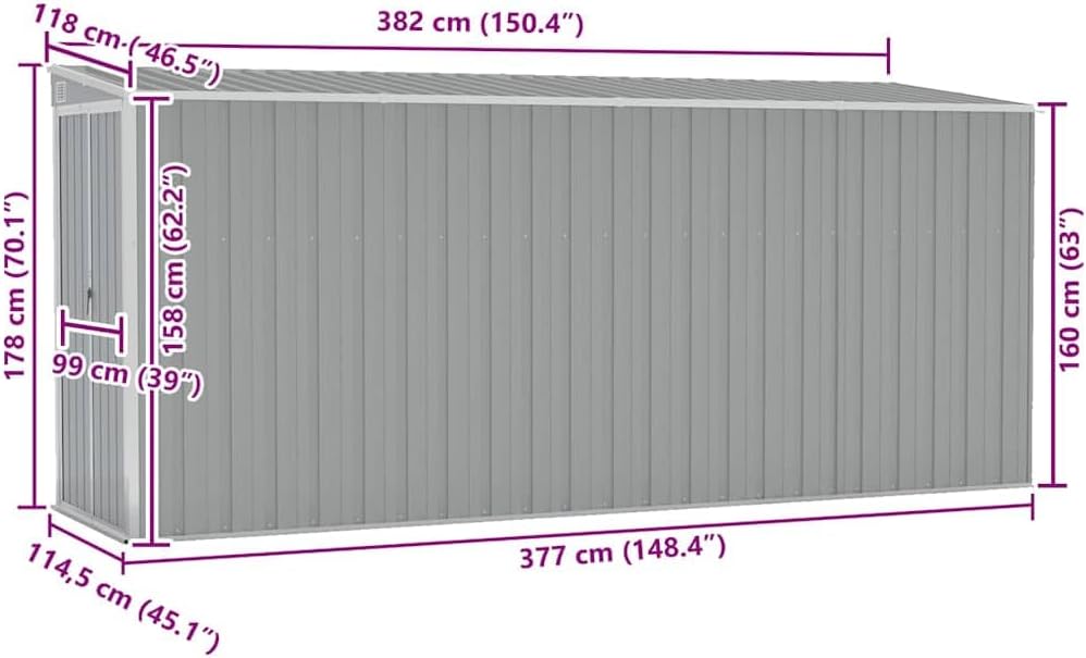 bleujardin Abri de Jardin Mural Gris 118x382x178 cm Acier galvanisé,Structures extérieures, Cabanes & abris de Jardin,316230
