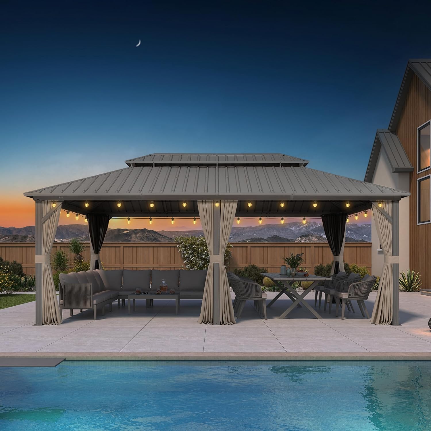 bleujardin Tonnelle de Jardin Extérieur 6 x 3,65 m avec Guirlande Lumineuse, Pergola Aluminium à Toit Rigide en Acier Galvanisé, Pavillon Imperméable pour Camping, Fête, Barbecue, Champagne