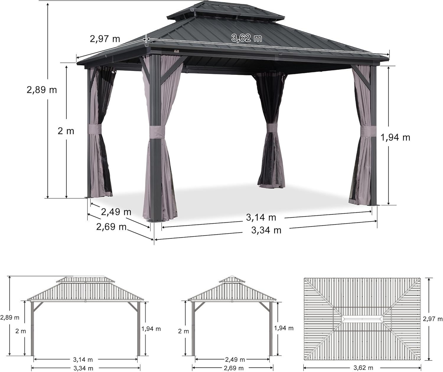 bleujardin - Pergola aluminium double toit 3,65x3m rideaux moustiquaire