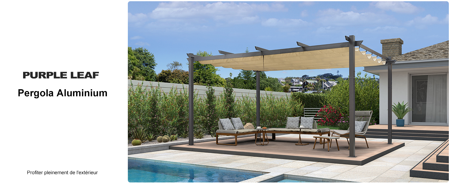 Pergola moderne au bord de la piscine avec stores rétractables en toile, construction à ossature en aluminium et coin salon intégré donnant sur la