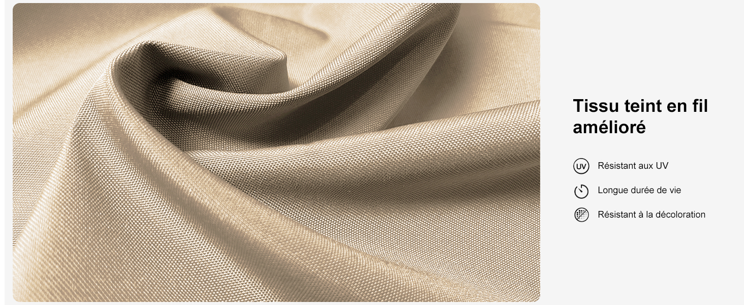 Gros plan d'un tissu beige avec des plis, mettant en valeur la texture. Le texte le décrit comme « Tissu teint en fil améliorée » avec des puces indiquant ses qualités.