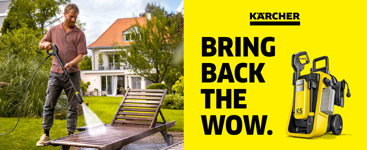 Le texte indique « bleujardin » et « BRING THE WOW ». Publicité montrant de l'équipement de nettoyage extérieur utilisé sur les meubles et les surfaces de patio.