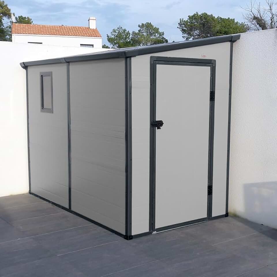 bleujardin Abri de Jardin Adossé en Résine 3,55m² | Gris Clair avec Fenêtre et Aération | Kit de Fondation Inclus | Structure Acier Galvanisé
