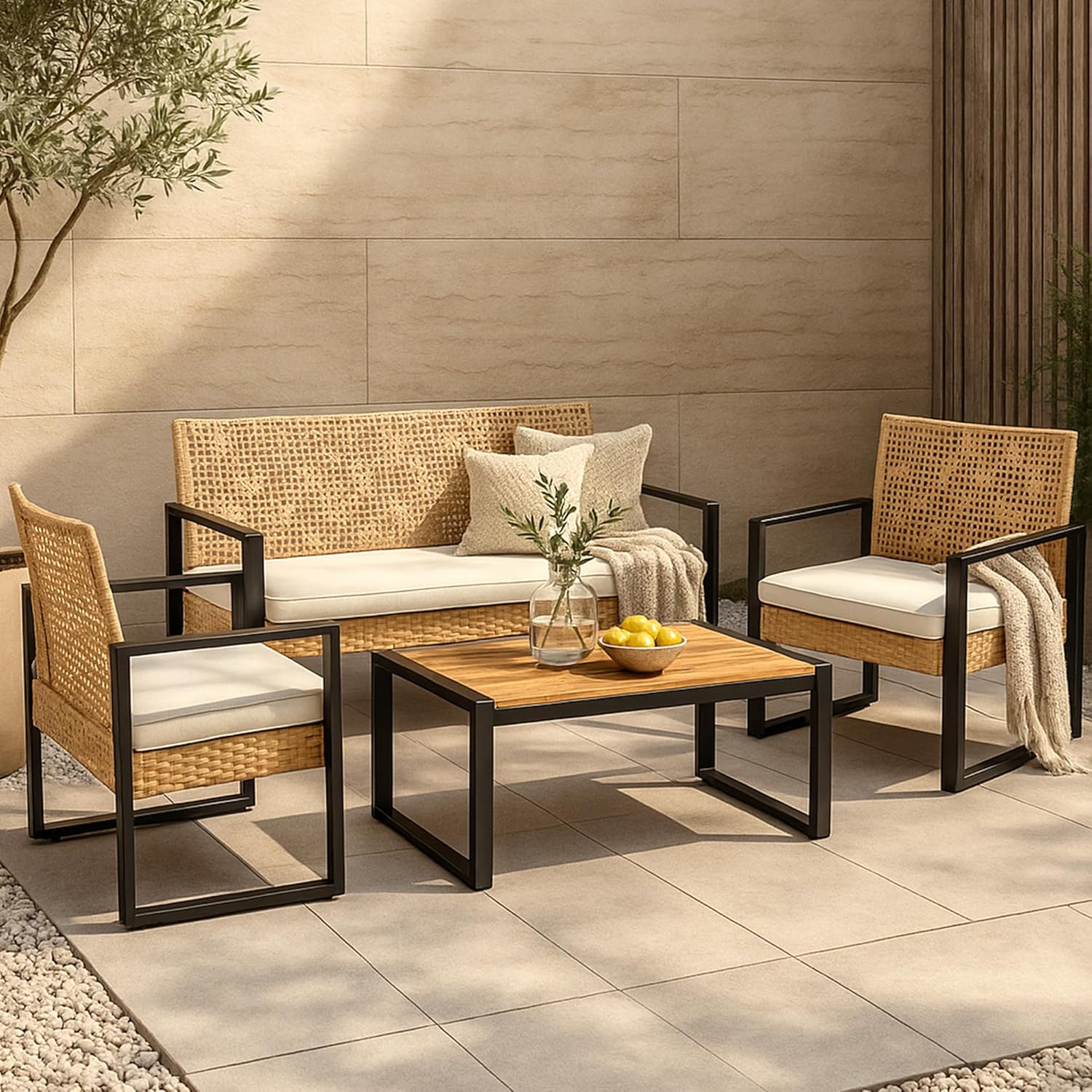 bleujardin - Salon de jardin 4 pièces, acier/acacia, 2 chaises + banc, beige/naturel