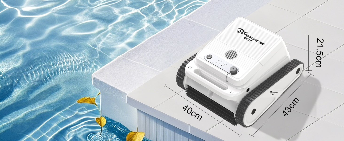 Appareil électronique blanc représenté flottant à la surface de l'eau dans plusieurs vues. Le schéma technique indique les dimensions de 40 cm et 21,5 cm.