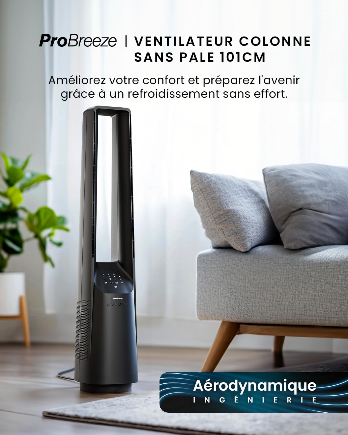 bleujardin Ventilateur Colonne Sans Pale - Ventilateur Tour Silencieux, Hauteur 101 cm avec 6 Vitesses, Oscillation 60°, Ventilateur Sans Lame Rafraichisseur d'Air Bladeless Noir