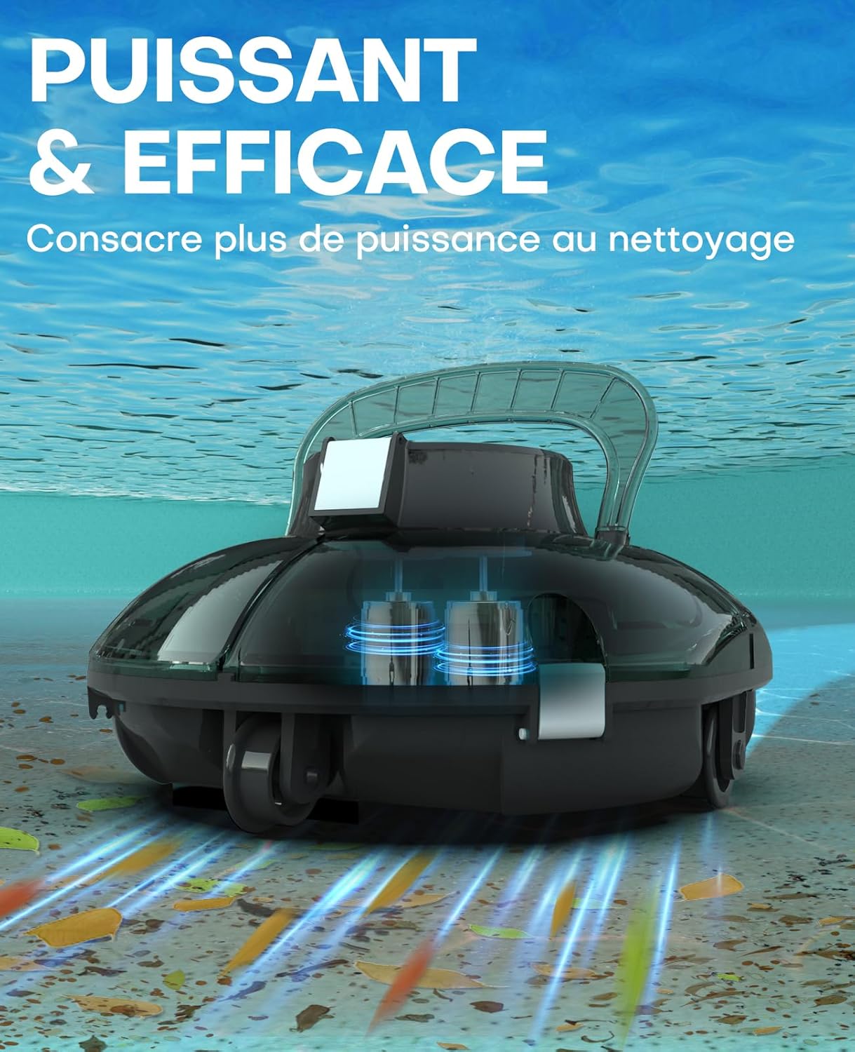 bleujardin Winny 200 Robot Piscine, Aspirateur Piscine Sans Fil Avec Batterie, Autonomie 75 Min pour Piscines Hors-Sol 60m², Double Filtration,Stationnement Automatique(Transparent Vert Blanc)