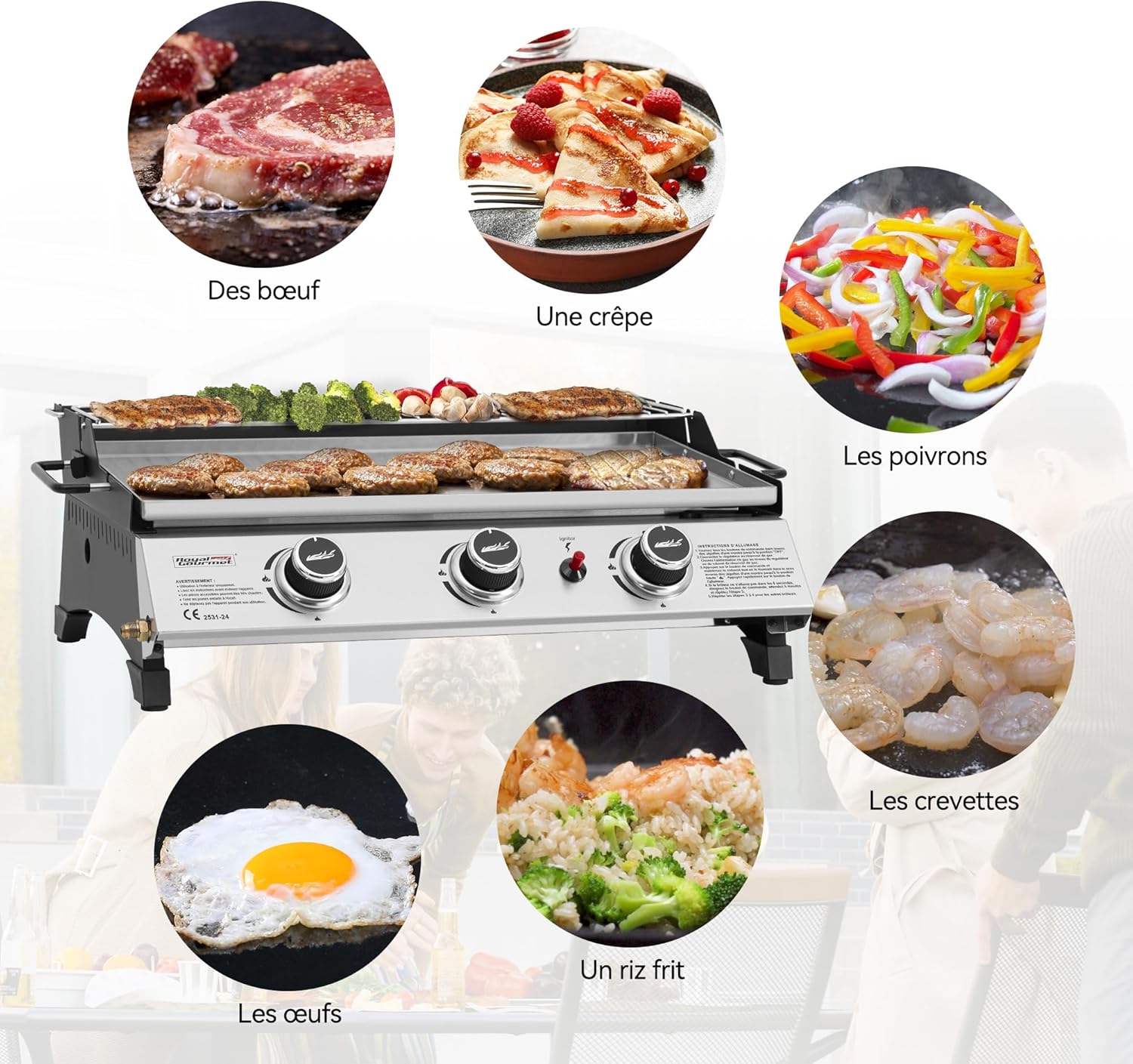 bleujardin - Plancha gaz inox 3 brûleurs 61,5x32cm, 7,5kW, usage extérieur