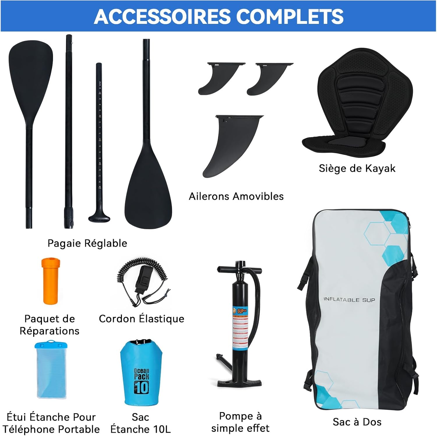 bleujardin - Paddle gonflable 320/335cm - 2 personnes, siège kayak, jusqu'à 150kg