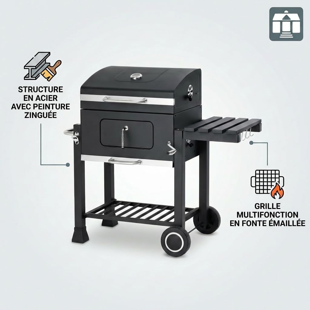 bleujardin - Memphis - acier, grille, tablette pliable, roulettes, thermomètre, bac à cendres