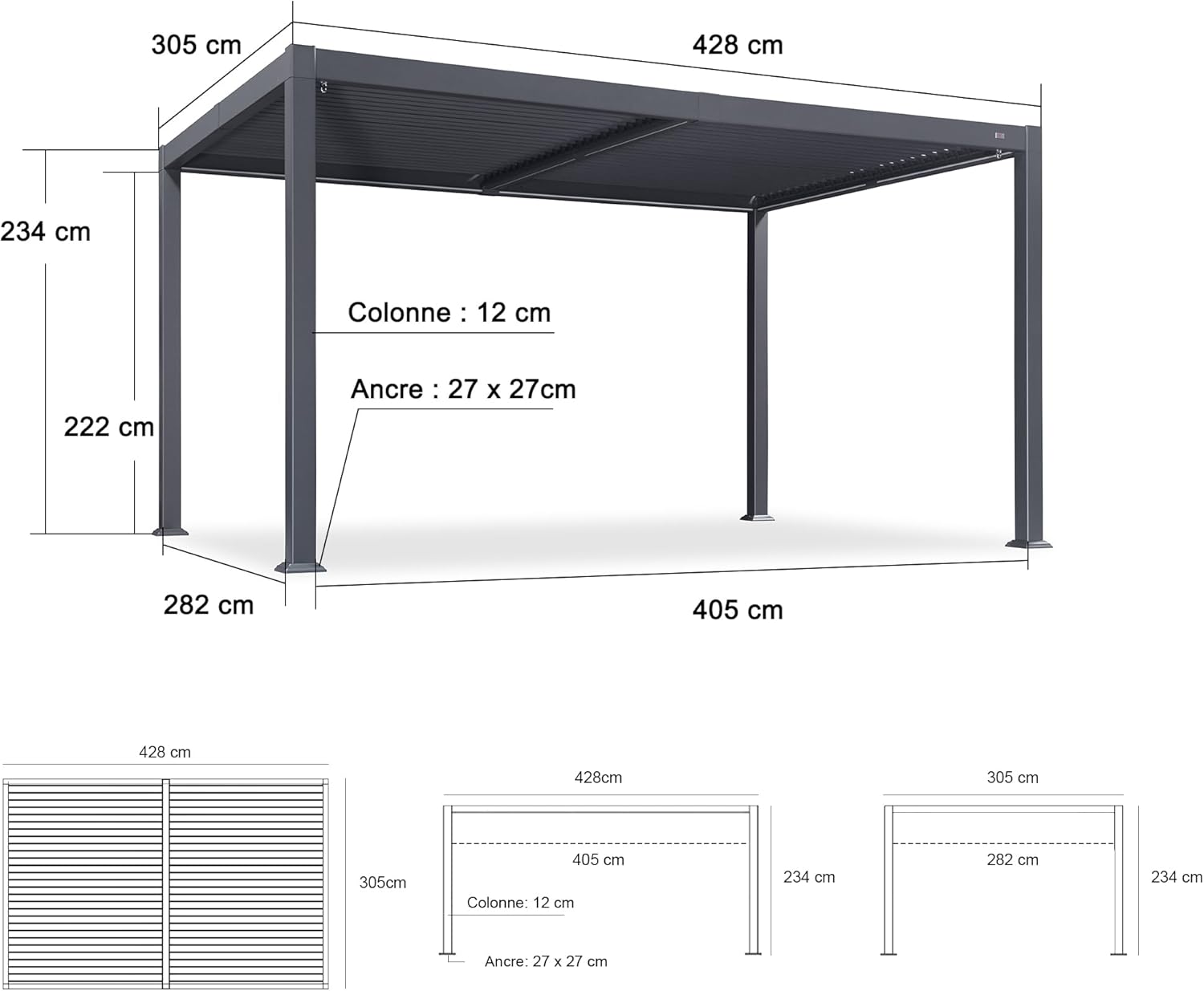 bleujardin - Pergola aluminium bioclimatique - 3 x 4,25 m - Lames orientables, LED, étanche