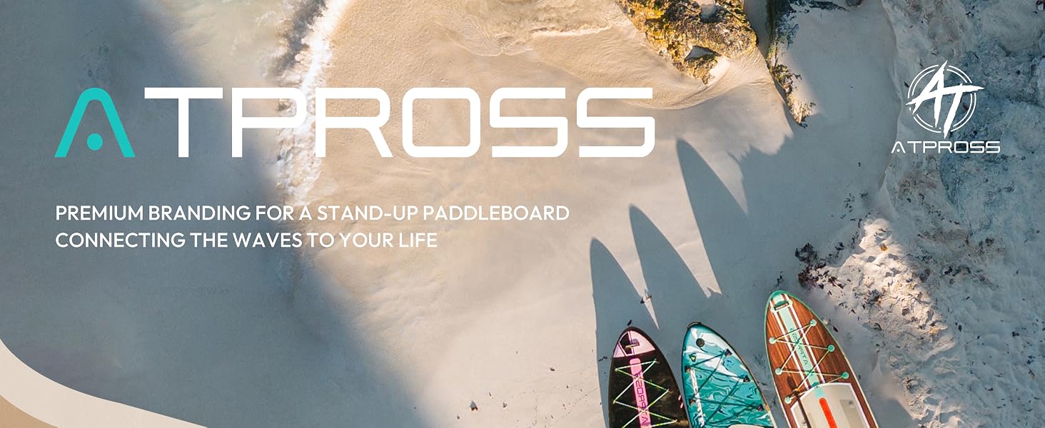 Vue aérienne d'une plage avec trois planches à pagaie colorées. Le texte superposé se lit comme suit : « bleujardin : une marque haut de gamme pour un stand up paddleboard, qui connecte