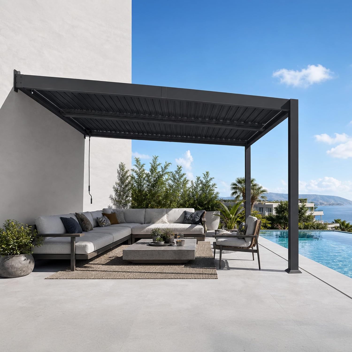 bleujardin - pergola bioclimatique adossée - 2,5x3,65m - aluminium, lames orientables, imperméable, gain de place