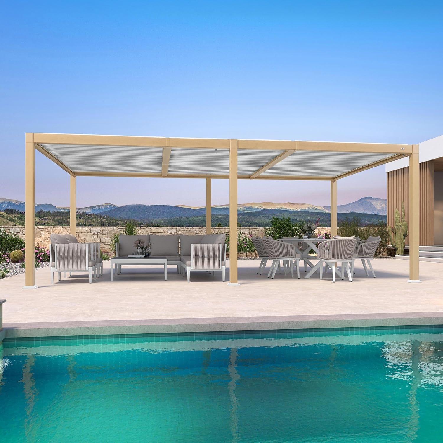 bleujardin - Pergola Bioclimatique bois effet alu - 3,5x6,35m - lames orientables, imperméable, extérieur