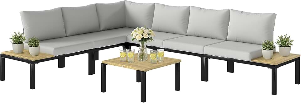bleujardin - ensemble salon jardin modulable 6 pièces - convertible en lit, table basse intégrée, gris anthracite