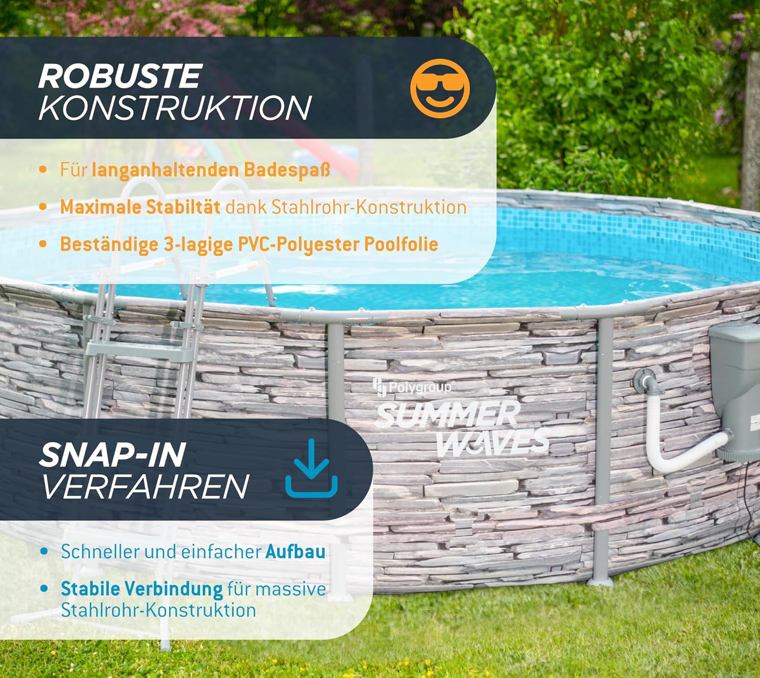 bleujardin - Frame Pool Kit rond - 427x107 cm - aspect pierre grise, pompe à filtre