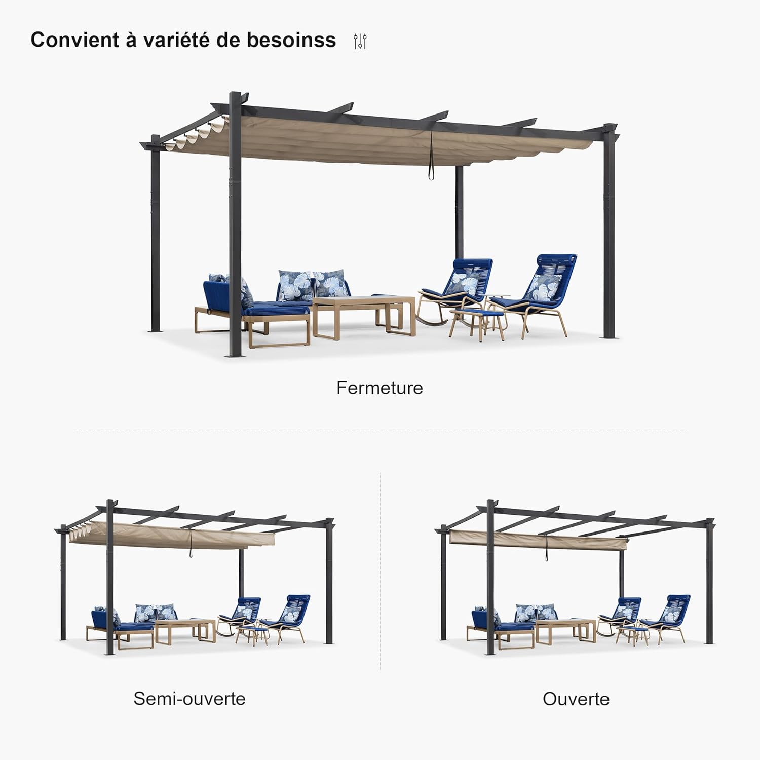 bleujardin - pergola aluminium série LED - 4,8x3,5 m - toit rétractable, structure résistante, kaki