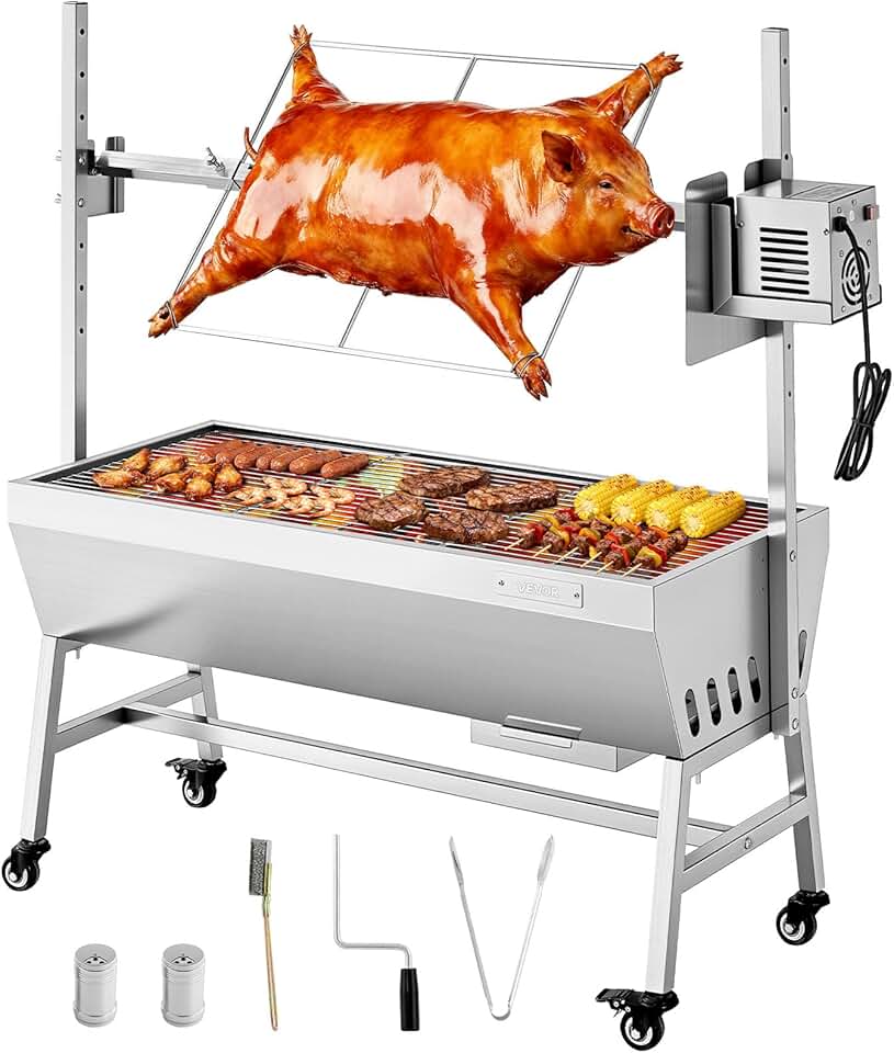 bleujardin - Barbecue à charbon avec tournebroche, 7 hauteurs, 60kg, 38W, inox