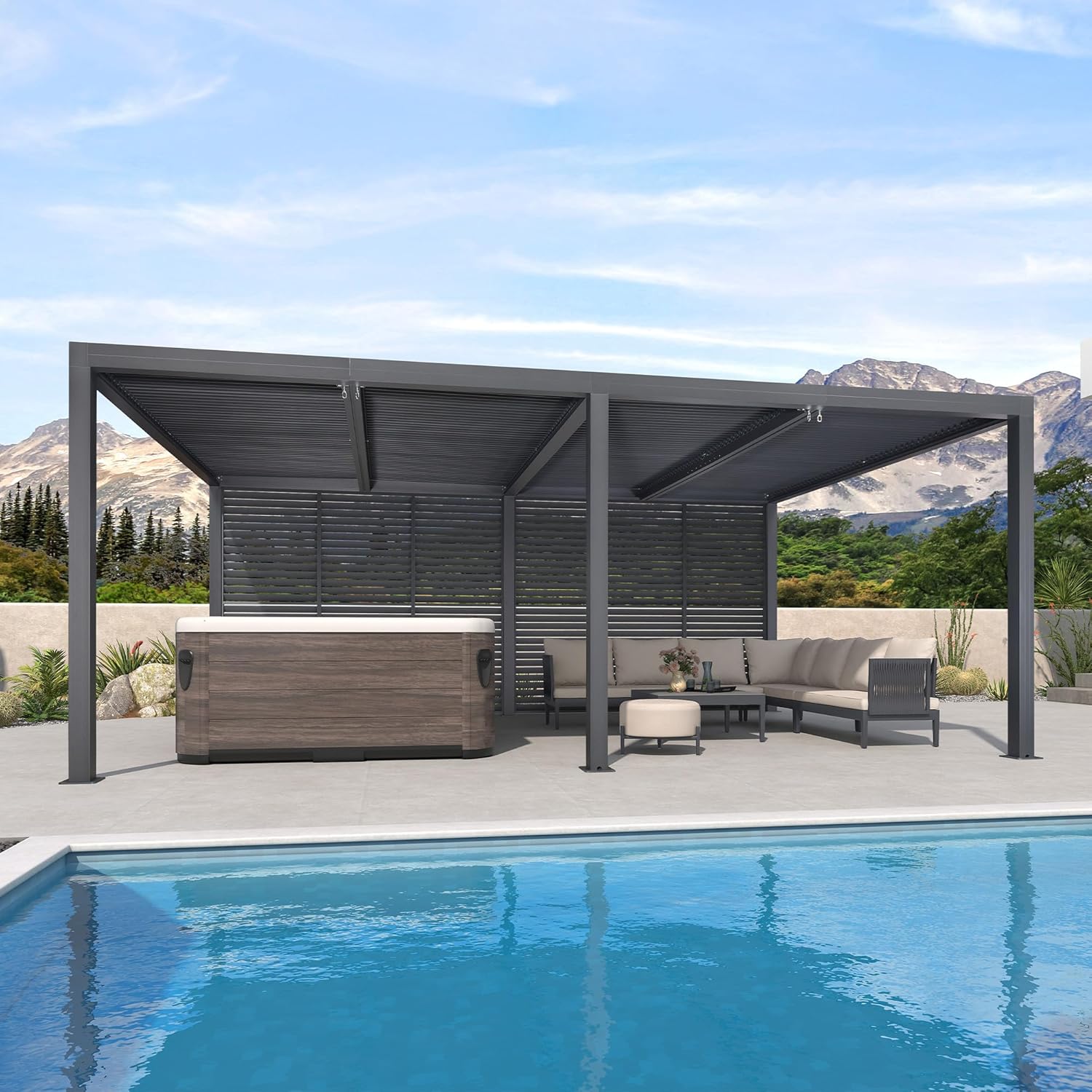 bleujardin - Pergola bioclimatique 6x3,68m alu, lames orientables, persienne fixe