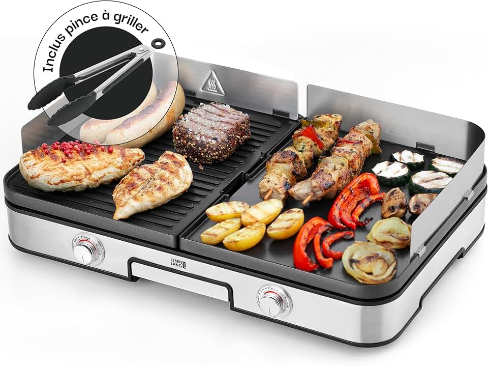 bleujardin - plancha électrique inox - XXL - 2400W, pince barbecue, intérieur/extérieur, protection éclaboussures - LEBEN