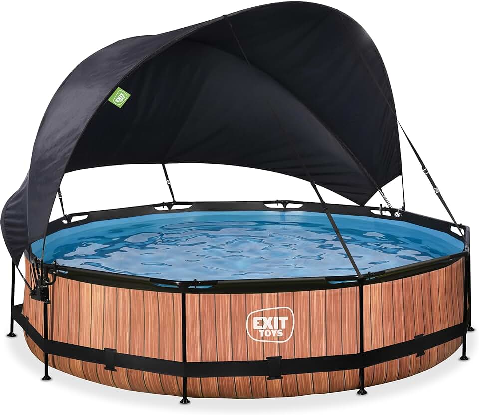 bleujardin Piscine Wood avec Voile d'Ombrage - ø360x76cm - Piscine Hors Sol Ronde avec Pompe Filtrante à Cartouche - Protection Optimale Contre Les Rayons UV - Entrée Basse - Design Unique - Marron