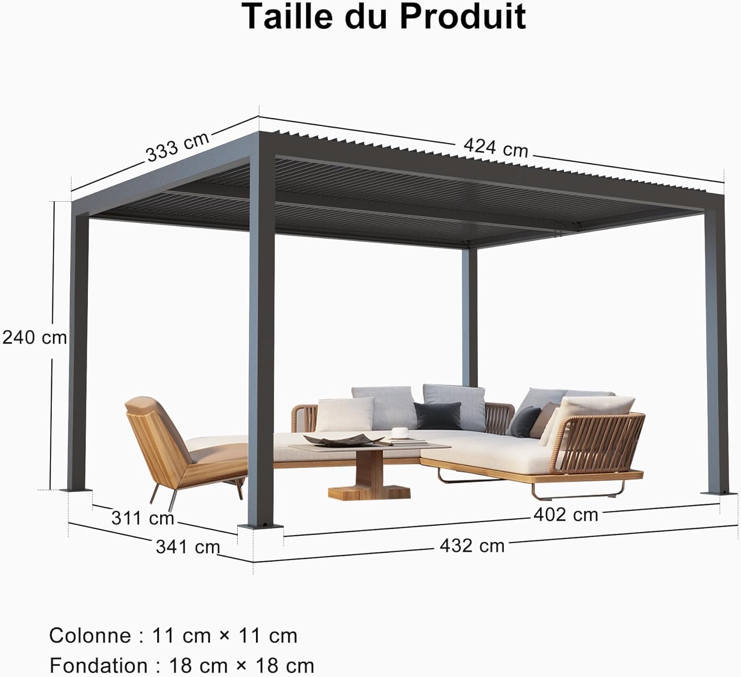 bleujardin - pergola bioclimatique - 4,24x3,3m - alu, persienne fixes, gris