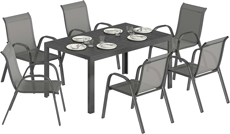 bleujardin - Salon de jardin extérieur 7 pcs - 150cm - table à lattes, acier antirouille, 6 chaises empilables, gris clair