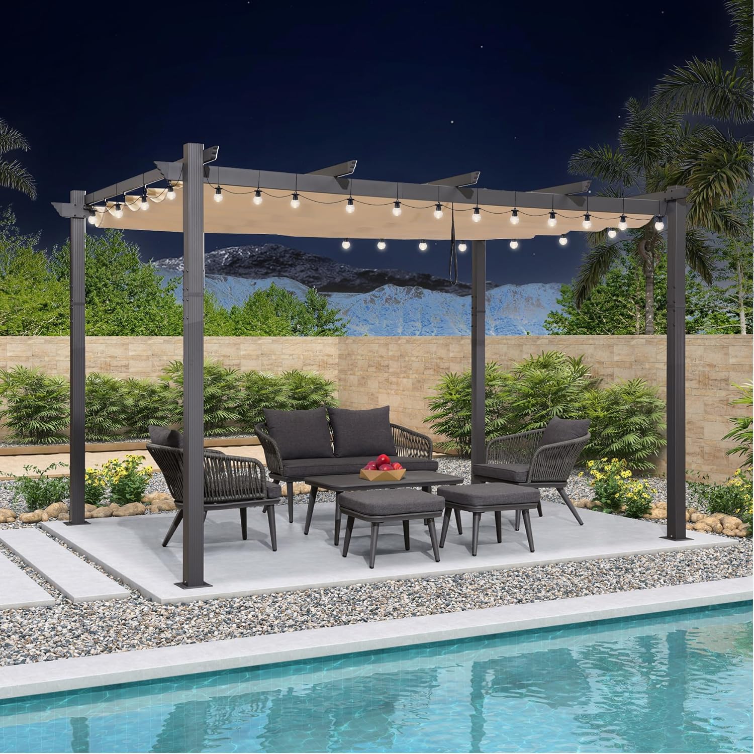 bleujardin - Pergola aluminium LED, toit rétractable, 4x3m, kaki