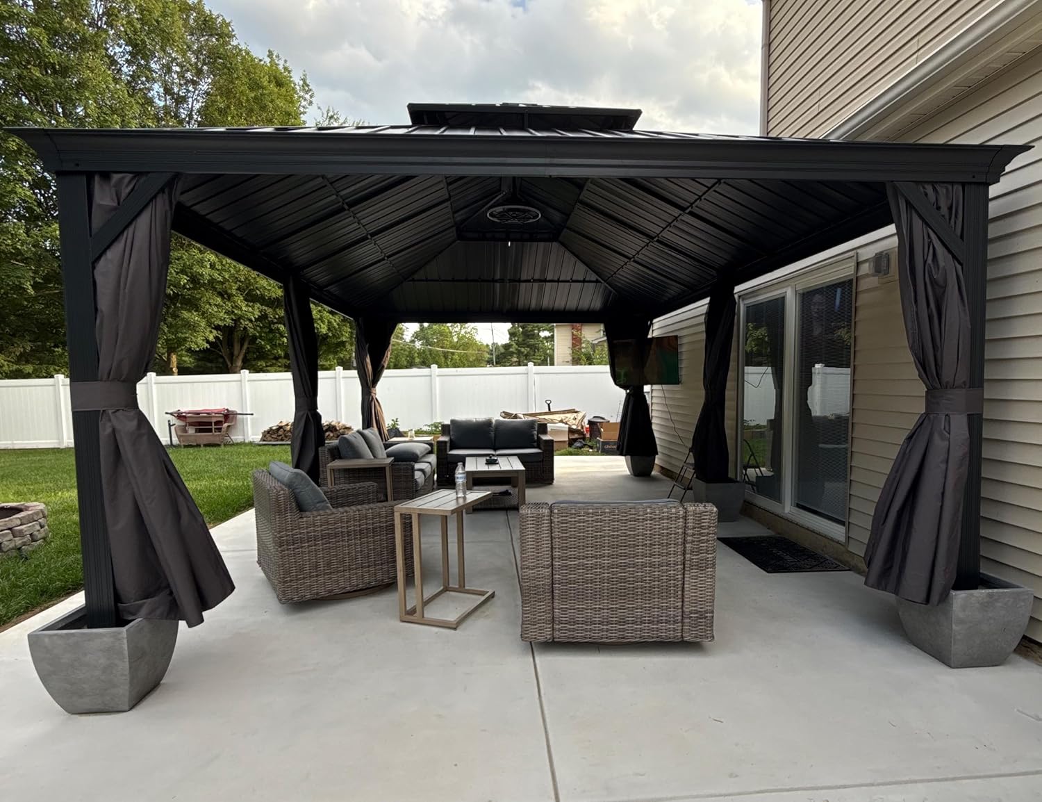 bleujardin - tonnelle toit double acier, 6x4,25m, moustiquaire, rideaux