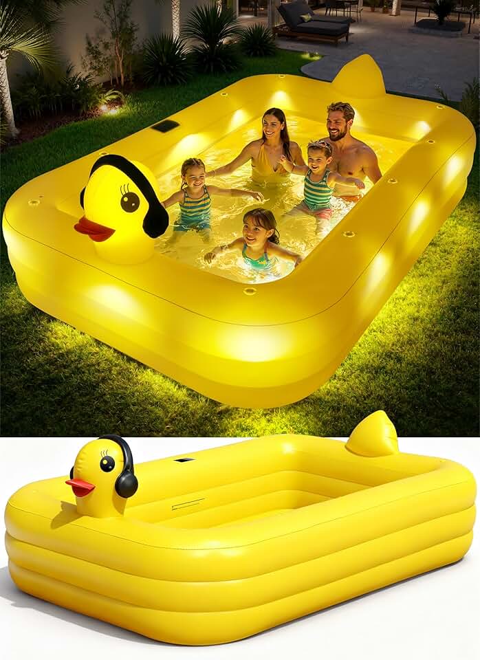 bleujardin Piscine Gonflable avec Lumières, Caneton Piscine Rectangulaire Gonflable Solaire, Pataugeoire Grande pour Enfants et Adultes,254 x 160 x 56 cm Piscine Familiale Hors Sol pour Jardin,Extérieur