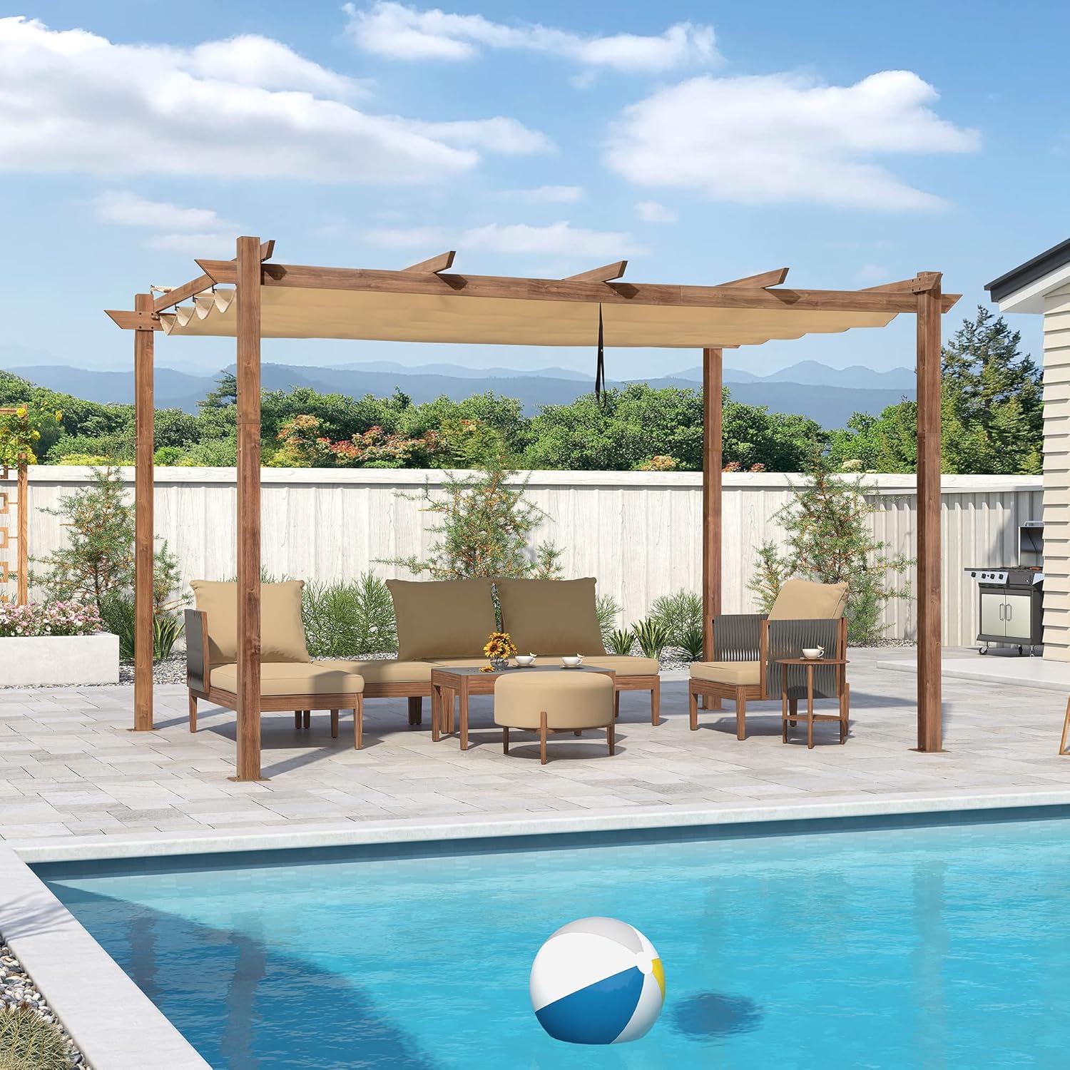 bleujardin - pergola aluminium 4x3m teck, toile rétractable, kaki