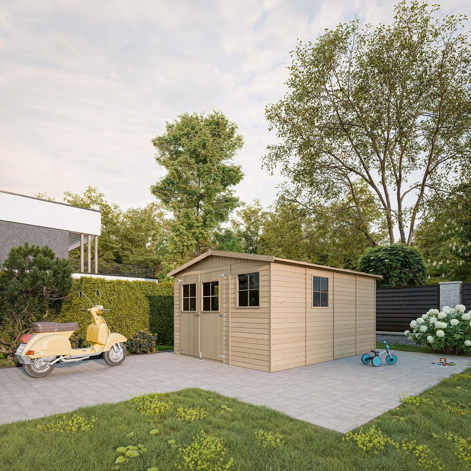 ABRI de Jardin en Bois Exterieur avec Les PLANCHERS IMPRÉGNÉ - en Pin/épicéa- H226x324x416 cm/12 m²- Construction de Panneaux- Rangement pour vélos, Remise à Outils- bleujardin M336+M336G