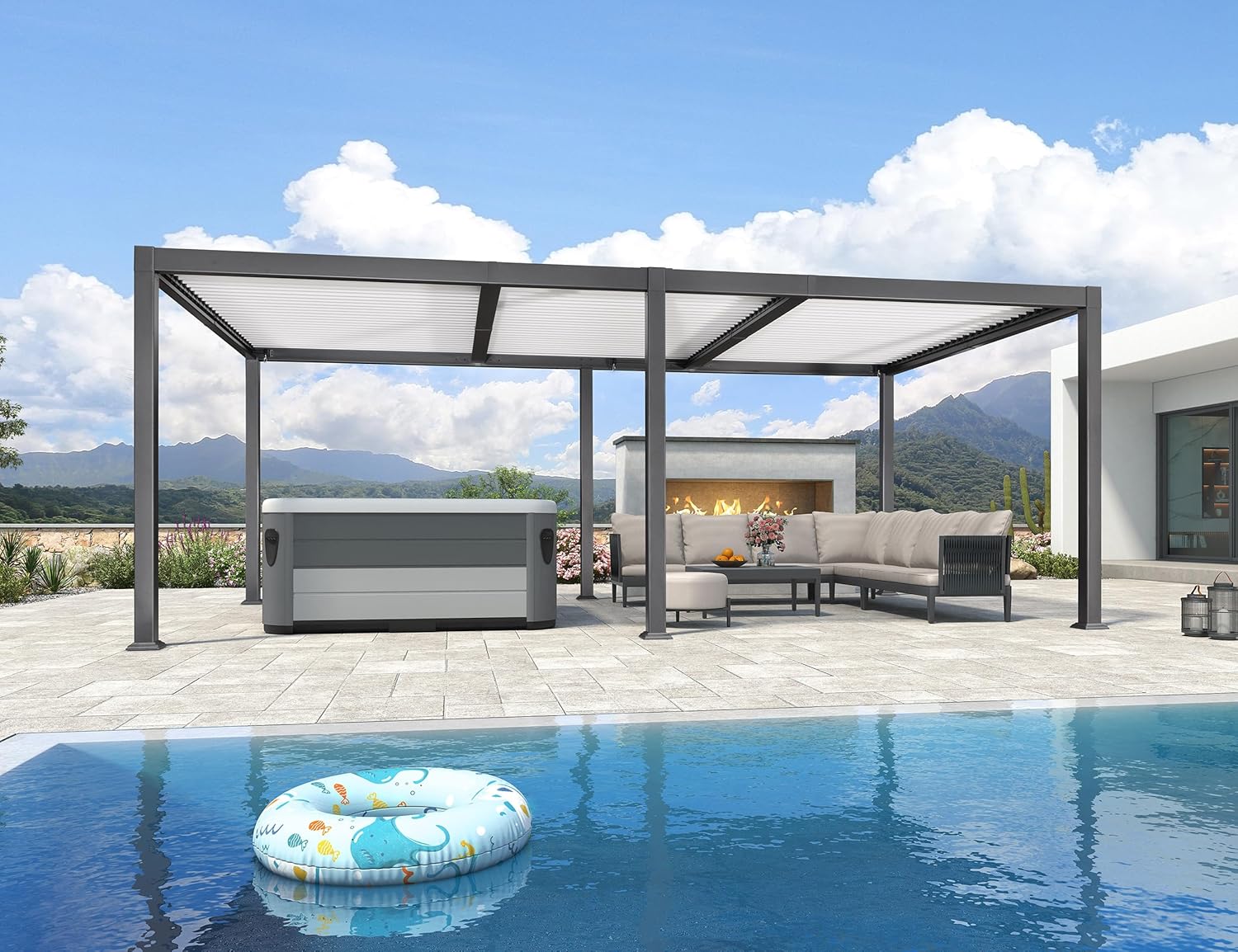 bleujardin - pergola bioclimatique - 6,35x3,5m - aluminium gris, poteaux blancs, lames orientables