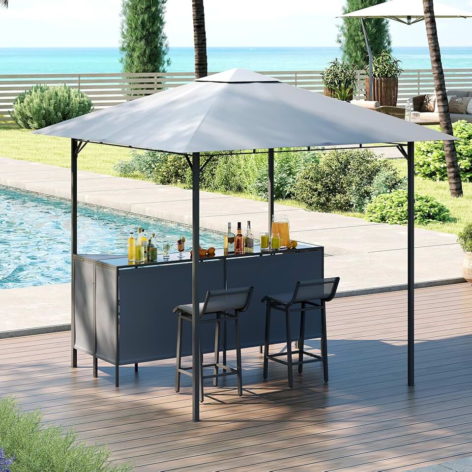 bleujardin 3 Pcs Abri Barbecue Jardin Exterieur avec Bar Exterieur, Tonnelle Barbecue avec 2 Tabourets Bar, Rangement, Plateau en Verre Trempée,Porte-Verres, en Métal avec Double Toit, 245 x 245 x 243CM