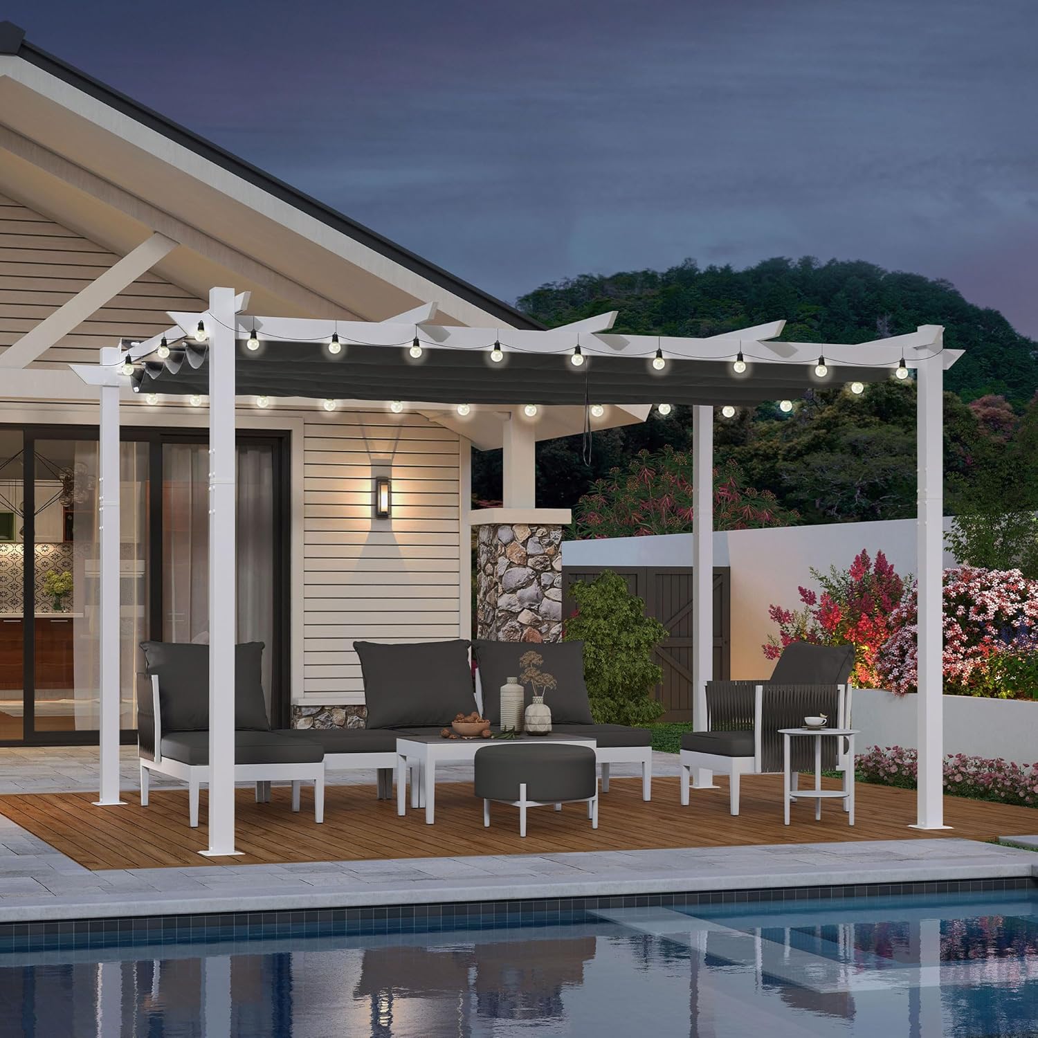 bleujardin - pergola aluminium - 4x3m - éclairage intégré, toit protégé, blanc/gris