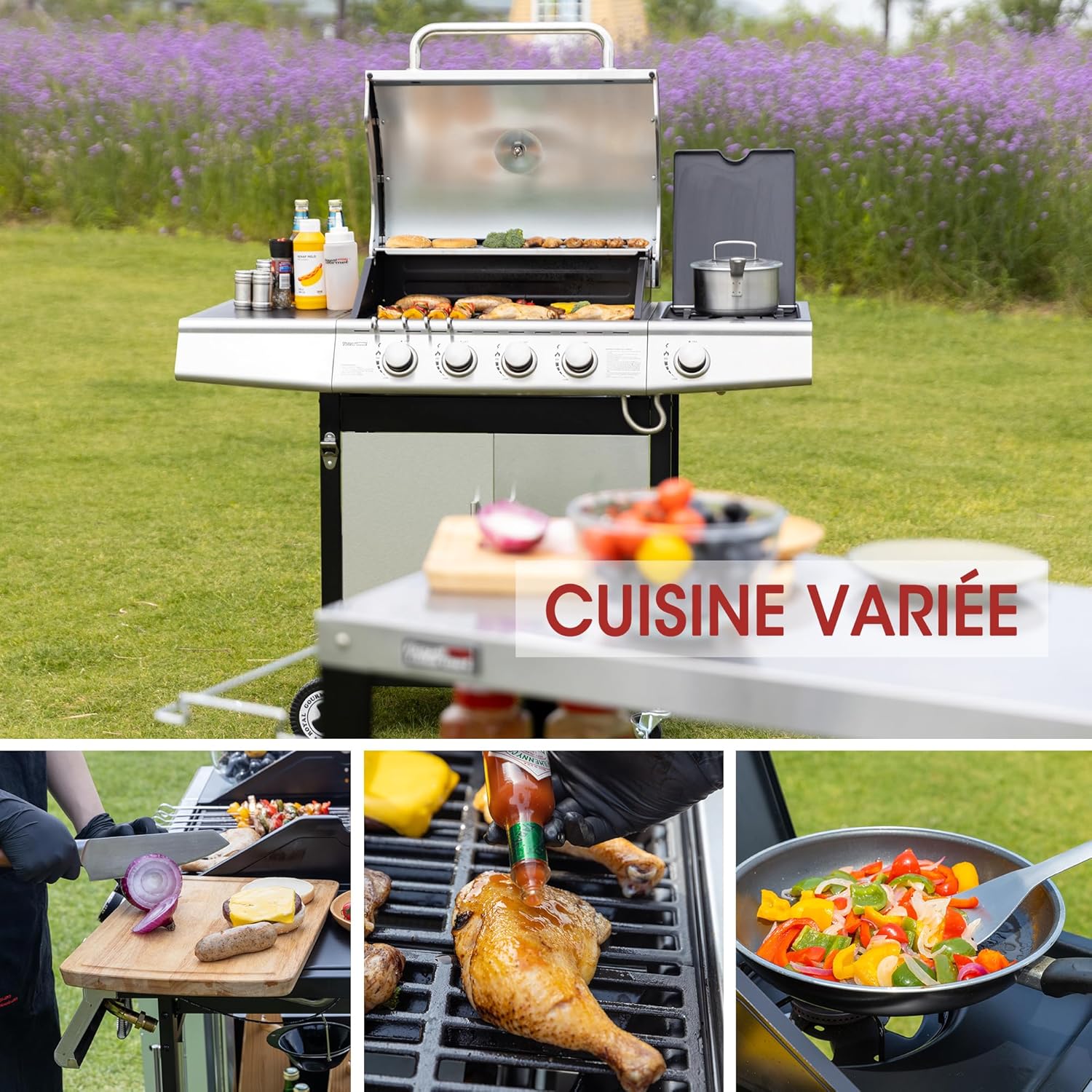 bleujardin - Barbecue Gaz 4+1 brûleurs inox - 14,5kW - 2 portes, thermomètre, roues directionnelles