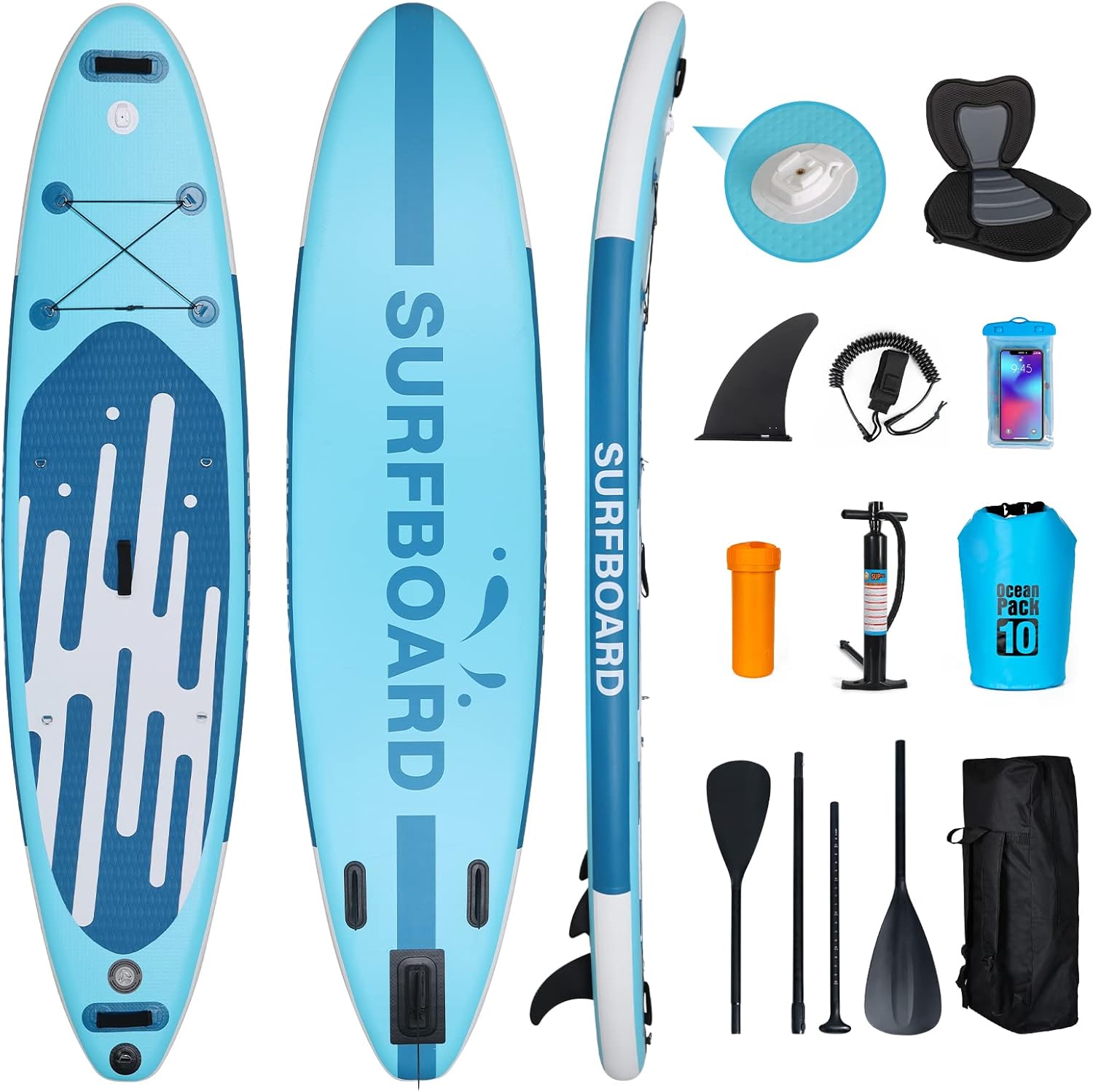 bleujardin - Paddle gonflable adulte - 320/335cm - 2 places, siège kayak, pagaie alu, support caméra, jusqu'à 150kg