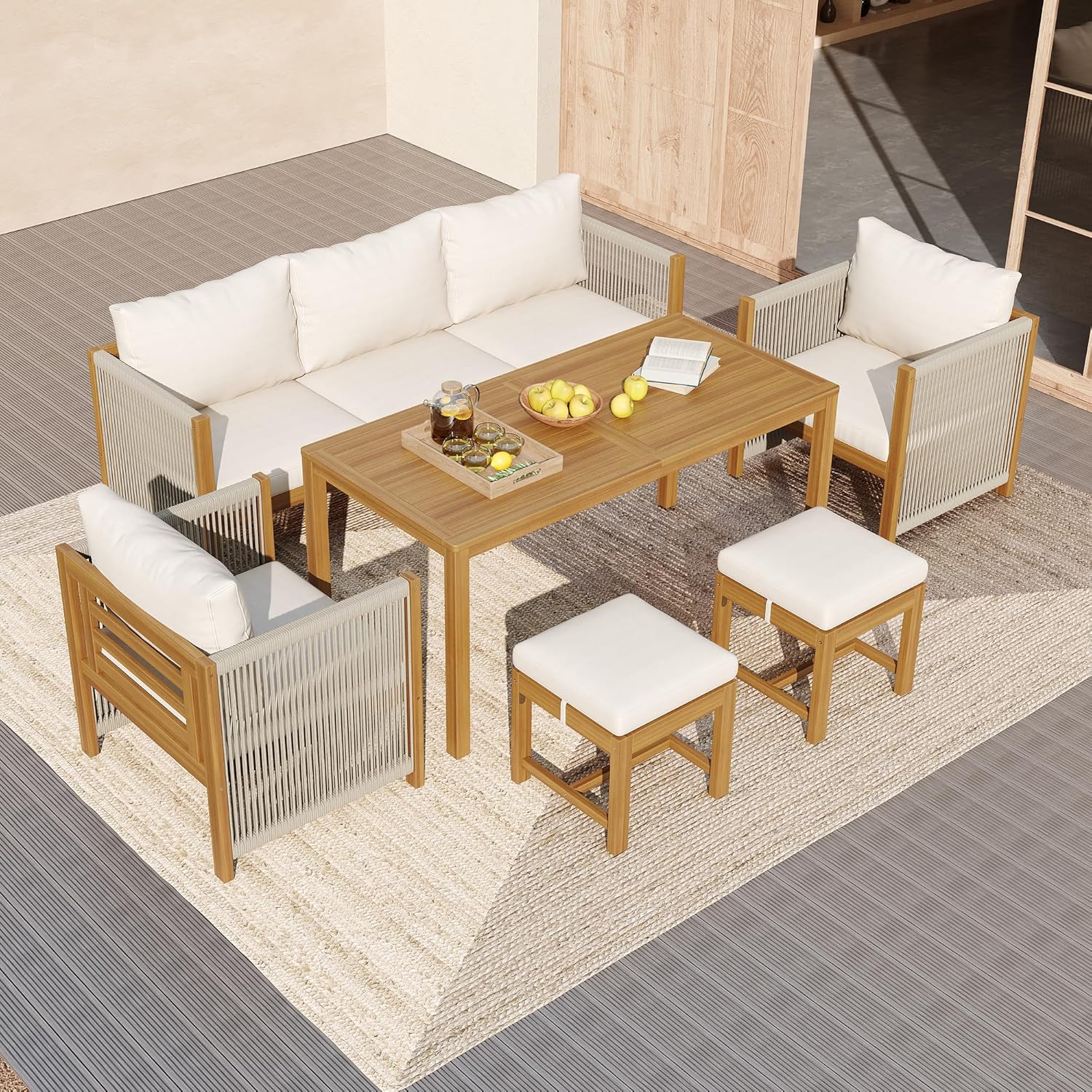 Salon de jardin - ensemble 7 places - canapé et table acacia - extérieur beige