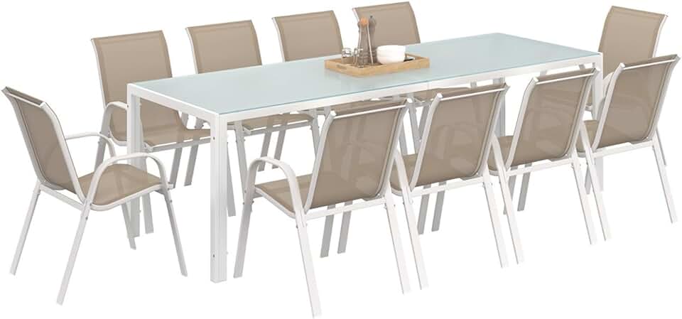bleujardin - Madrid salon de jardin 240 cm table + 10 chaises blanc/beige