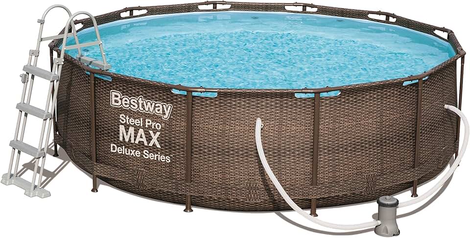 bleujardin Power Steel Deluxe Piscine Tubulaire Ronde avec Cadre en Acier Solide Kit Complet Aspect rotin 366 x 100 cm, Marron