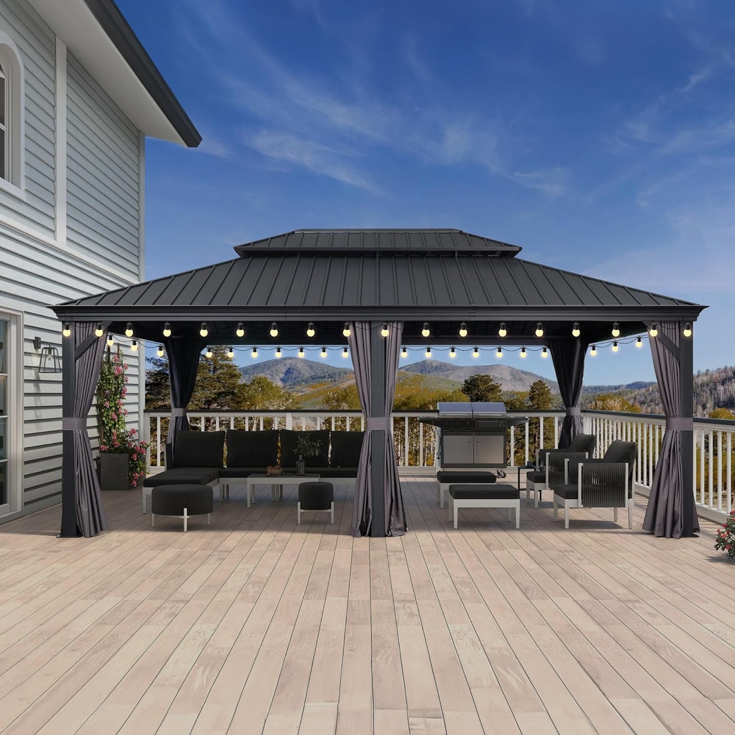 bleujardin - Pergola série extérieure - 7.32x4.25m - alu, éclairage, moustiquaire, rideaux, gouttière, poteaux renforcé