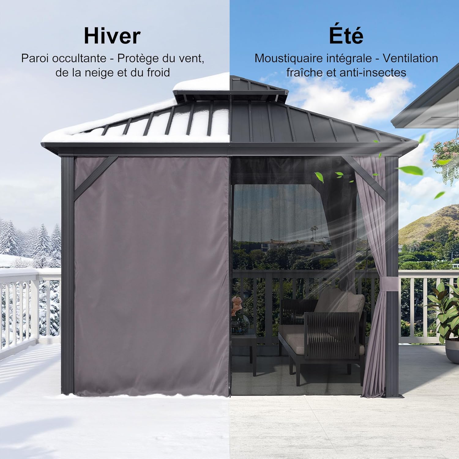bleujardin - tonnelle extérieur double toit 3x3m, alu et acier, rideaux, guirlande lumineuse