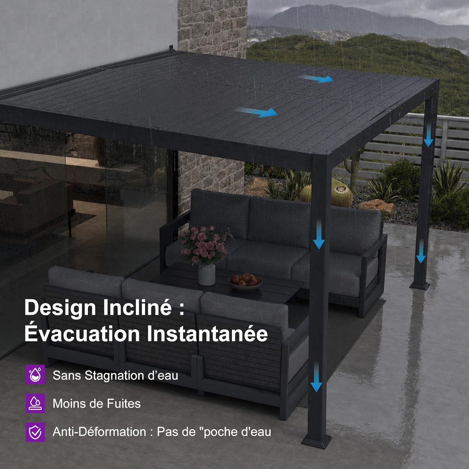 bleujardin - pergola bioclimatique adossée - 2,5x3,65m - aluminium, lames orientables, imperméable, gain de place