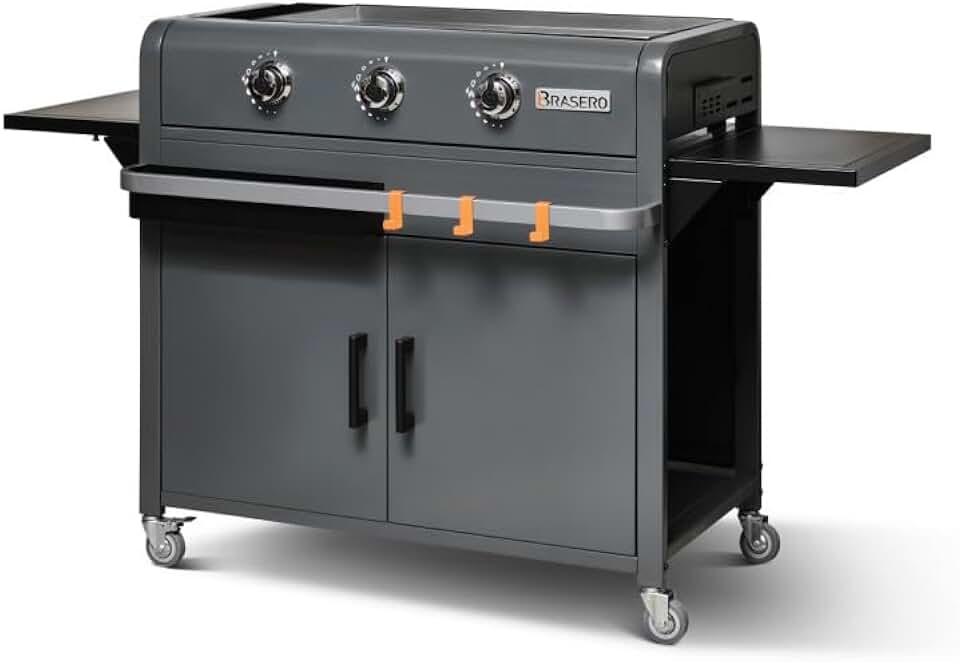 bleujardin - Plancha Lola sur chariot - 68,5x35,5 cm - 3 feux gaz, récupérateur graisse, 12 convives, 7,2 kW