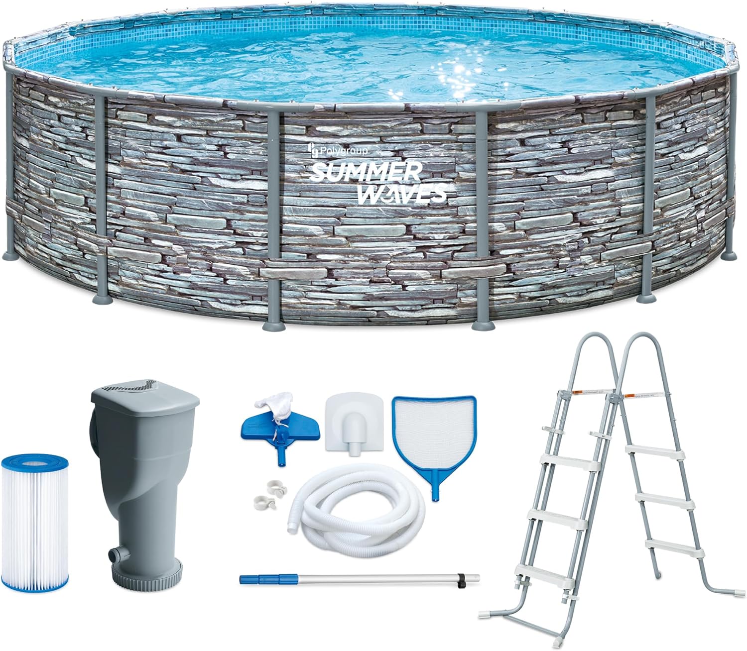 bleujardin - Frame Pool Kit rond - 427x107 cm - aspect pierre grise, pompe à filtre