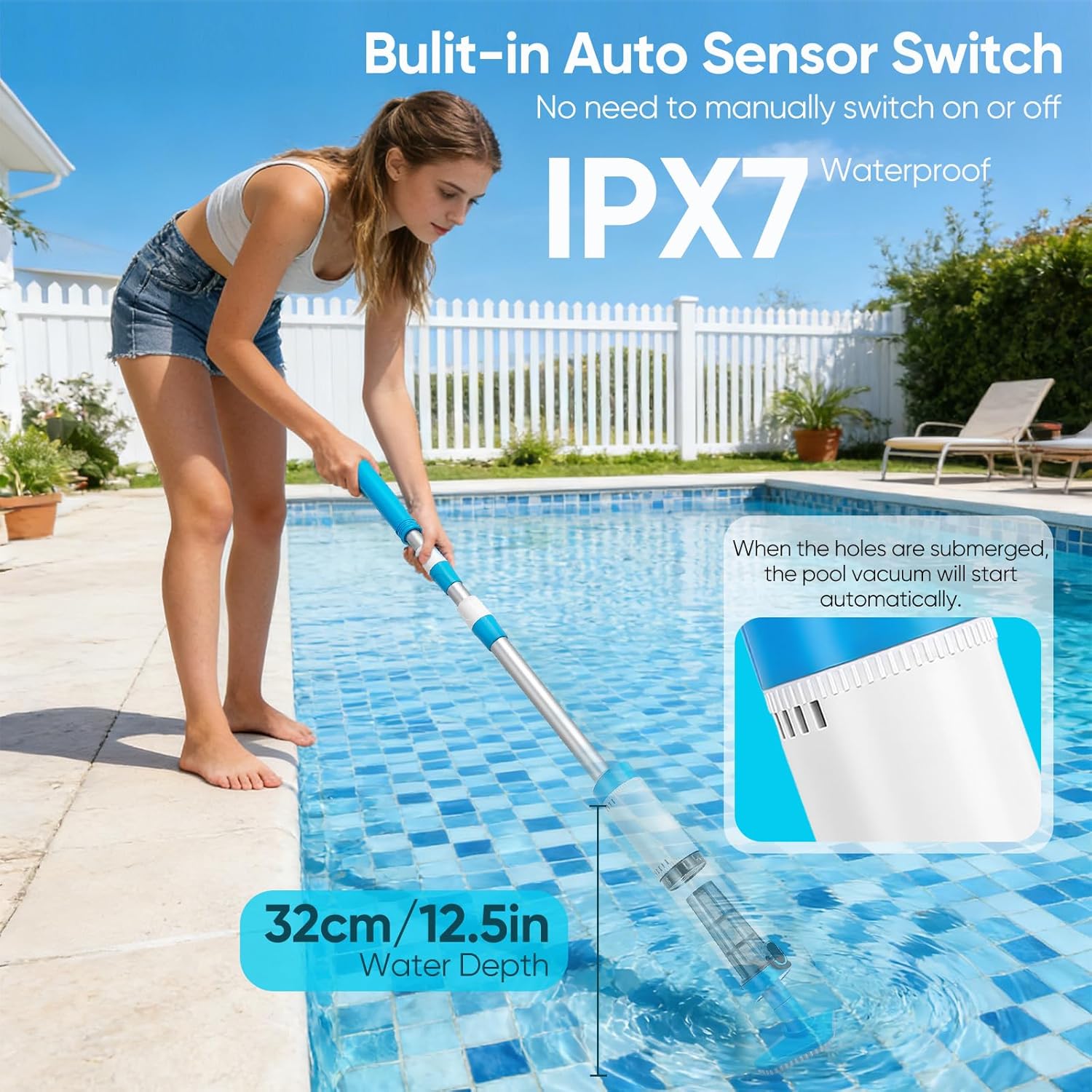 Aspirateur piscine 3 en 1, télescopique 103,5-162,5 cm, rechargeable, puissant, 3 brosses, capteur automatique