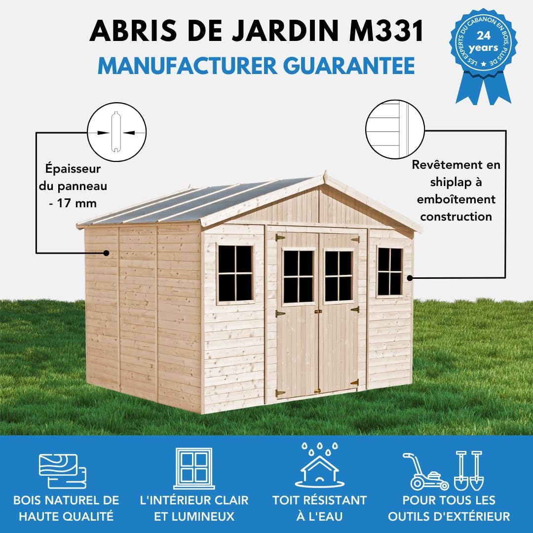 Abri de Jardin en Bois Exterieur avec Plancher IMPRÉGNÉ- Chalet en Pin/épicéa-H246x418x320 cm/12 m²- Construction de Panneaux - Rangement pour vélos, Remise à Outils- bleujardin M331+M331G